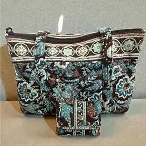 Retired Vera Bradley Java Blue Brown Paisley Tote Bag Purse With Matching Wallet